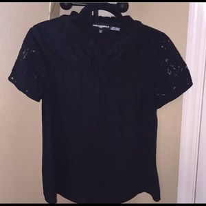 NWT Karl Lagerfeld black top bow, duffel, lace Med
